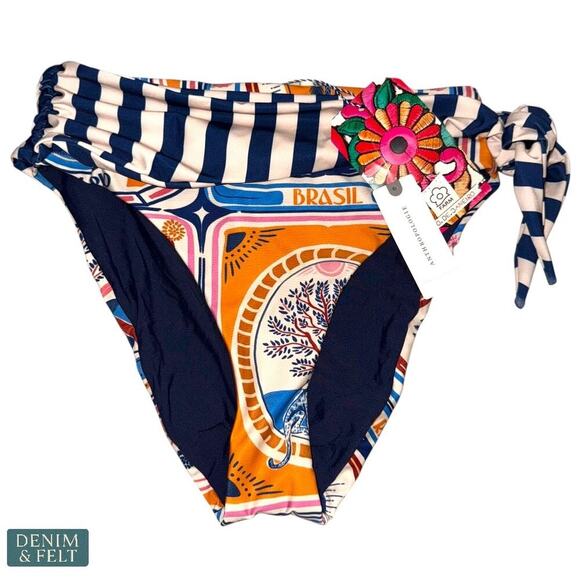 Farm Rio Anthropologie High Rise Side Tie Bikini Bottom Blue Print XS NEW/NWT!! - Picture 3 of 11